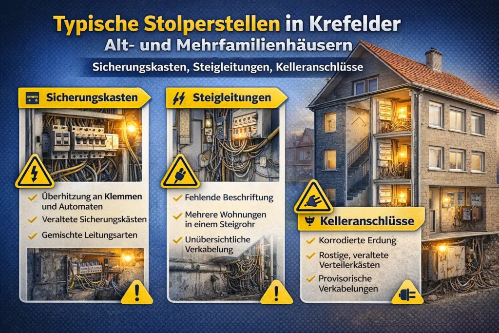 Typische Stolperstellen in Krefelder Alt- und Mehrfamilienhäusern: Sicherungskasten, Steigleitungen, Kelleranschlüsse