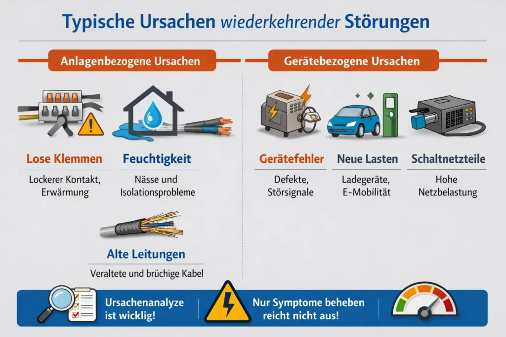 Warum Störungen wiederkehren: typische Ursachen wie lose Klemmen, Feuchtigkeit, alte Leitungen und Gerätefehler