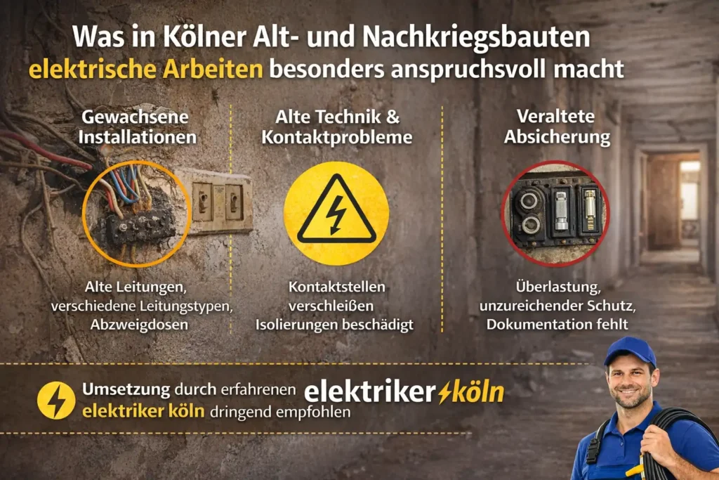Was in Kölner Alt- und Nachkriegsbauten elektrische Arbeiten besonders anspruchsvoll macht