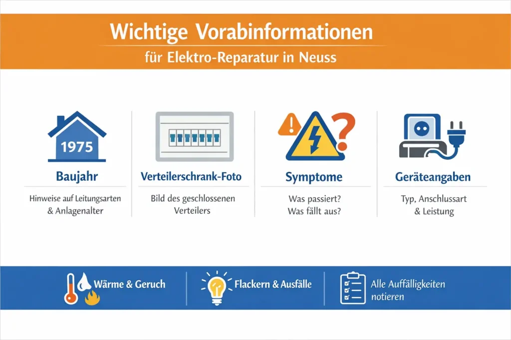 Welche Informationen der Fachbetrieb für die elektro reparatur neuss vorab braucht (Baujahr, Verteiler, Fotos, Symptome)