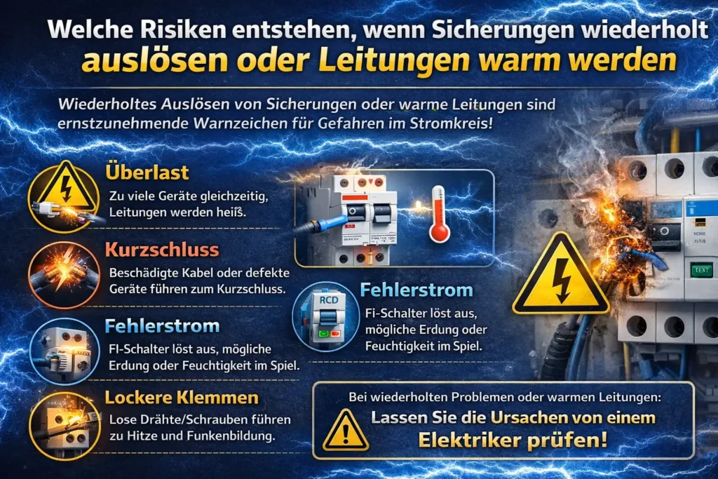 Welche Risiken entstehen, wenn Sicherungen wiederholt auslösen oder Leitungen warm werden