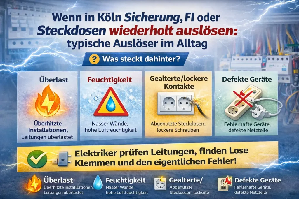 Wenn in Köln Sicherung, FI oder Steckdosen wiederholt auslösen: typische Auslöser im Alltag