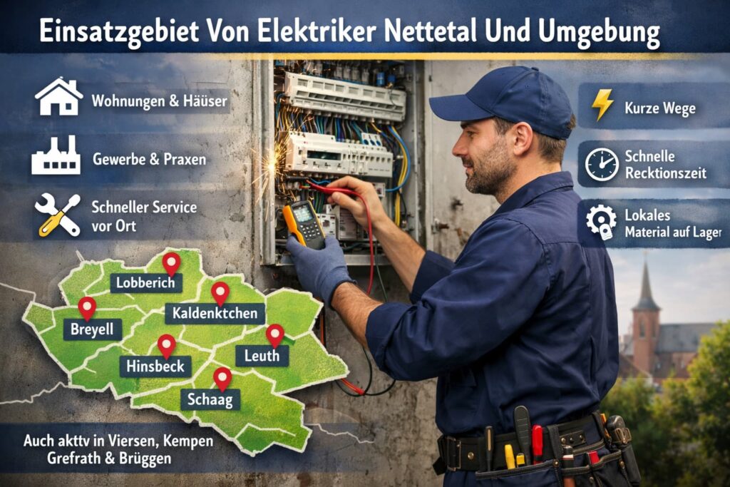 Elektriker in Nettetal bei der Reparatur eines Sicherungskastens mit Servicegebieten in Lobberich, Kaldenkirchen und Umgebung