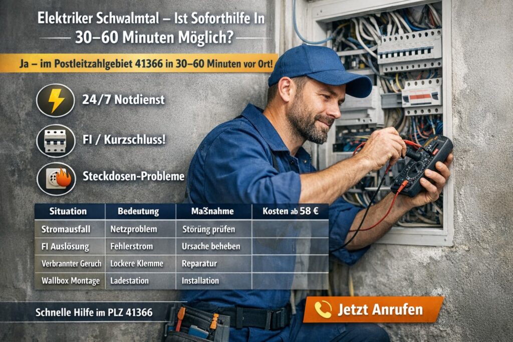 Elektriker Schwalmtal repariert Sicherungskasten schnell – 24/7 Notdienst innerhalb 30–60 Minuten