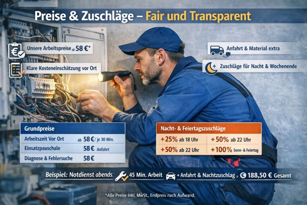 Elektriker repariert Sicherungskasten – transparente Preise und Zuschläge in Deutschland