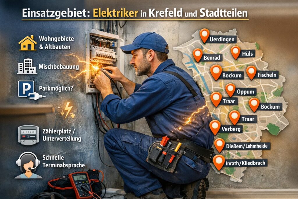 Elektriker repariert Stromkasten in Krefeld mit Einsatzgebiet in verschiedenen Stadtteilen und elektrischen Symbolen