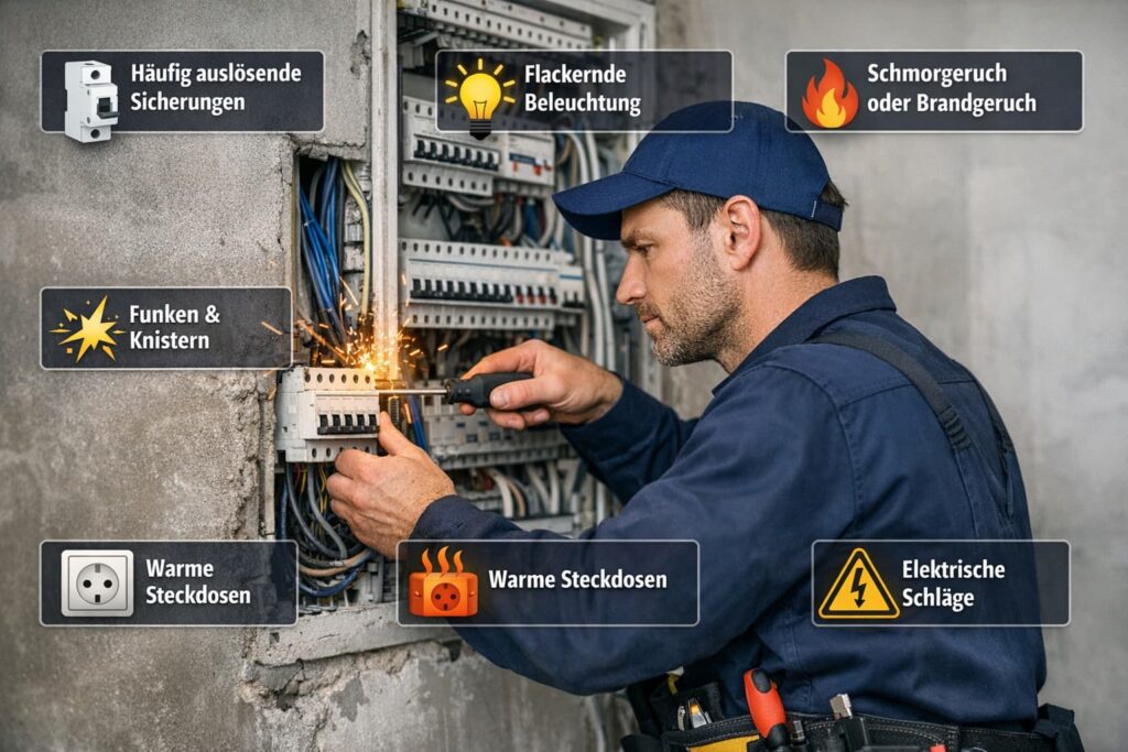 Elektriker repariert Schaltschrank mit Funken – typische Anzeichen für elektrische Defekte im Haushalt