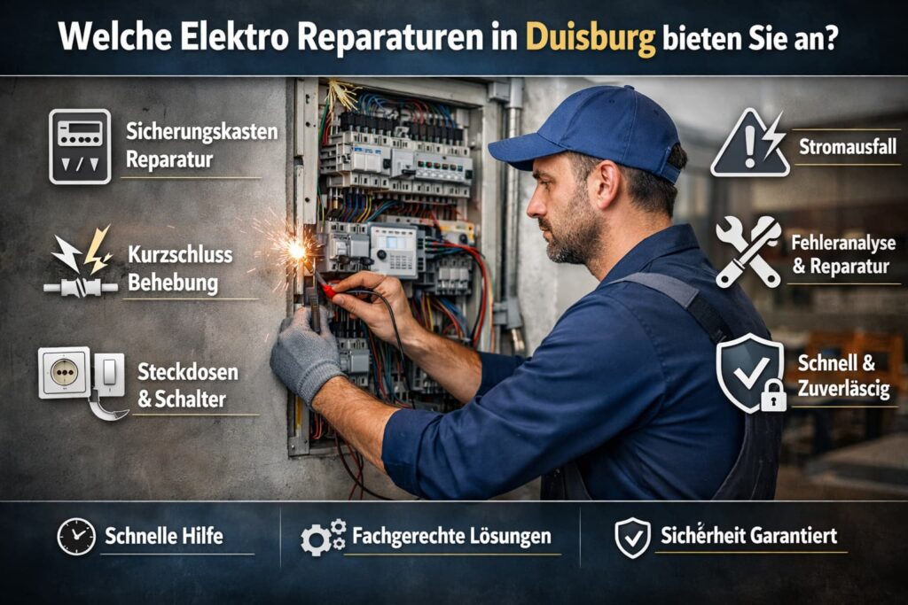 Elektriker repariert Sicherungskasten in Duisburg mit Symbolen für Elektroservice