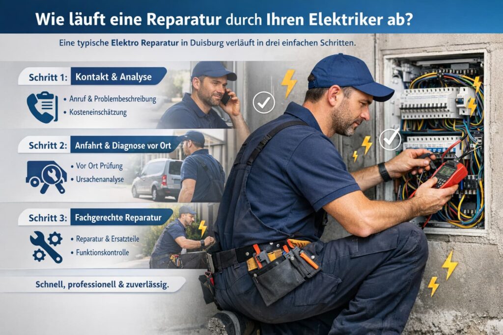 Elektroinstallation: Elektriker bei der Reparatur eines Sicherungskastens mit Schritt-für-Schritt Ablauf zur Fehlerdiagnose und fachgerechten Instandsetzung