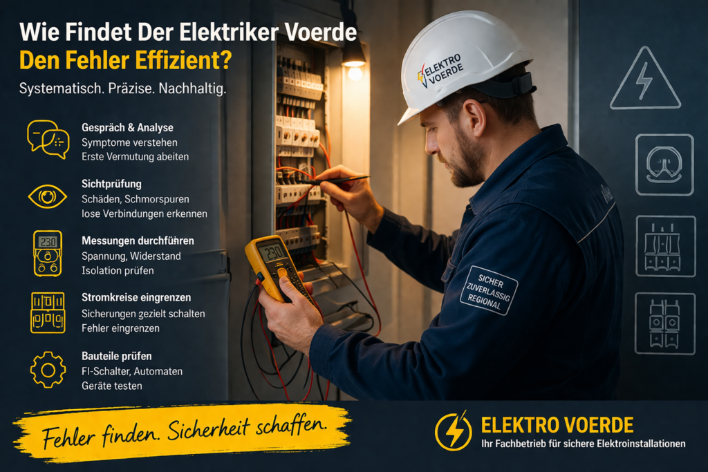Elektriker in Voerde prüft Sicherungskasten mit Messgerät zur schnellen und effizienten Fehlerdiagnose in der Elektroinstallation.