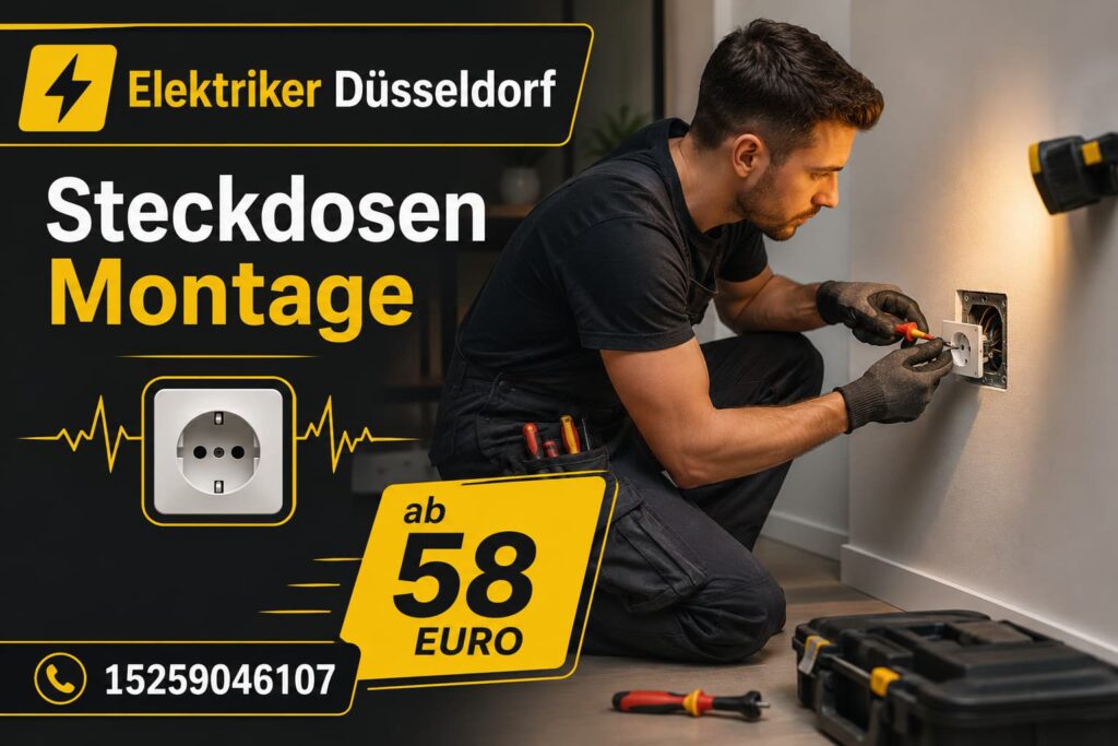 Electrician fixing a wall outlet indoors with professional tools and modern black-yellow service design.