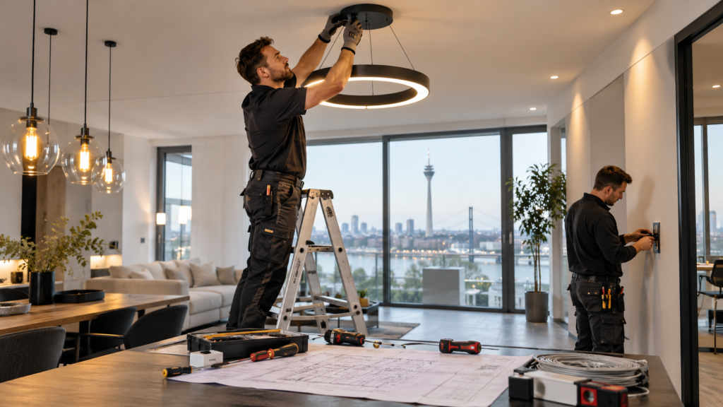 Technicians Installing Lights in a Skyline Apartment