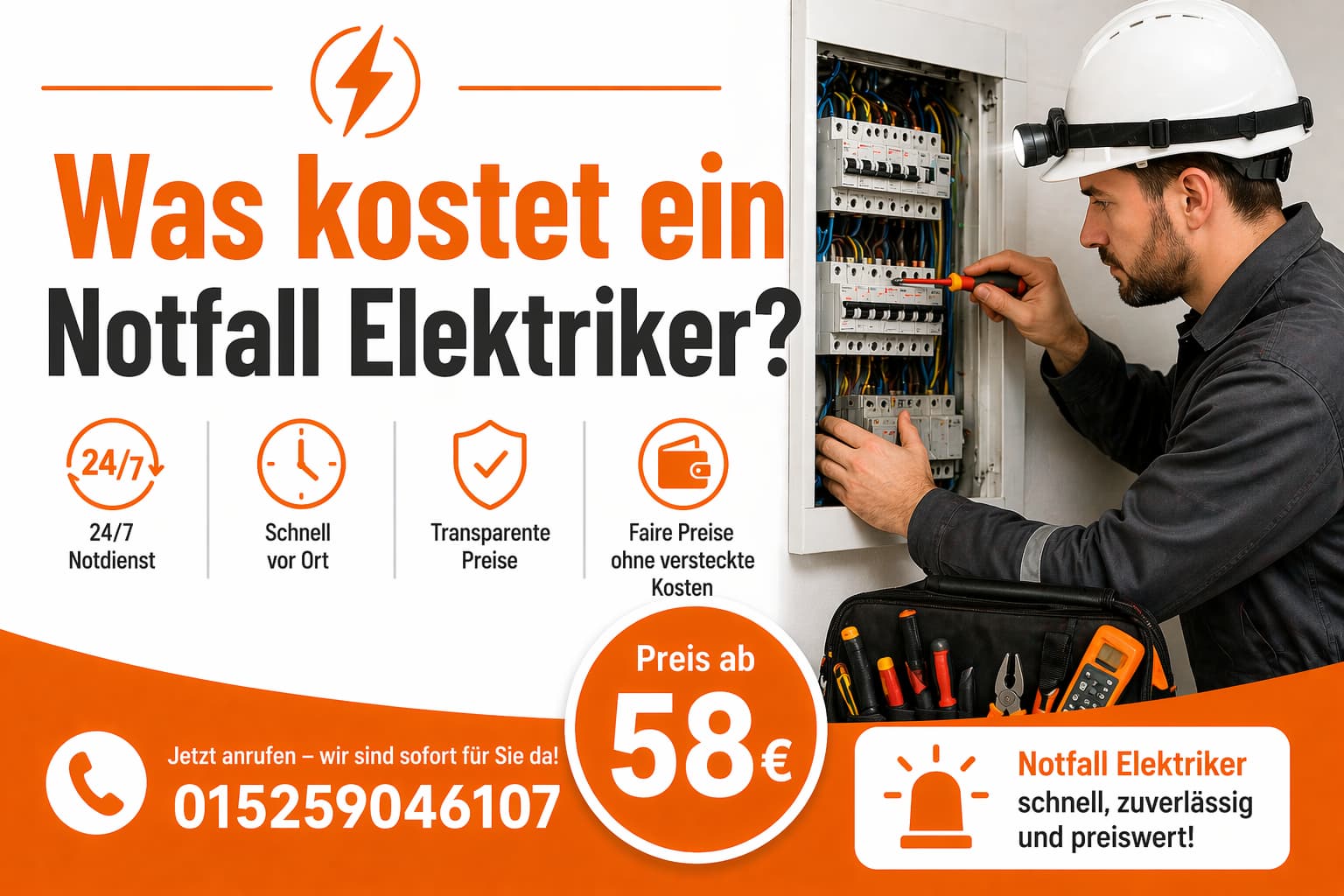 Was kostet ein Notfall Elektriker? Ab 58 € – Jetzt anfragen!