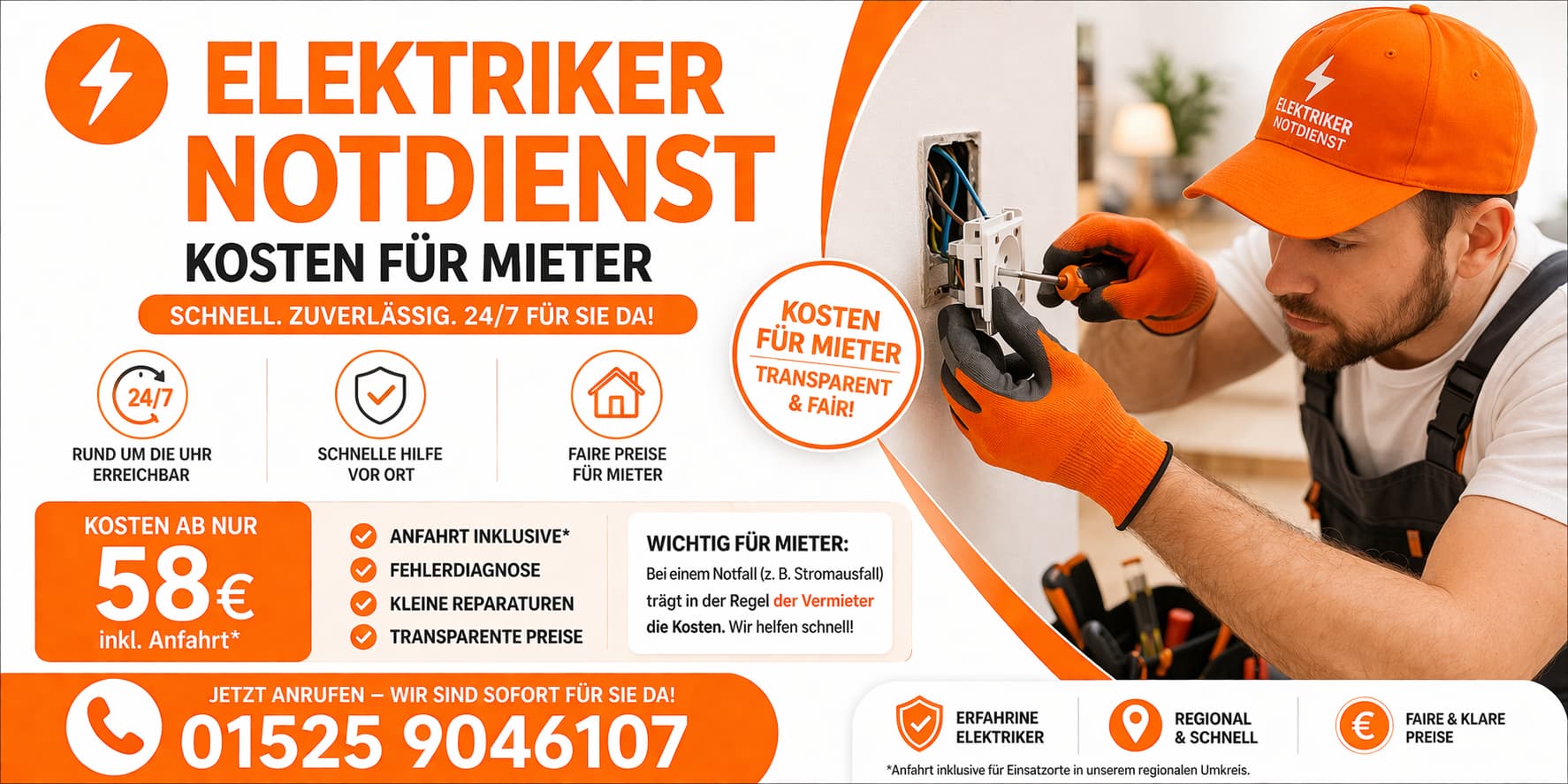 Elektriker Notdienst Kosten Mieter ab 58 € – Termin sichern!