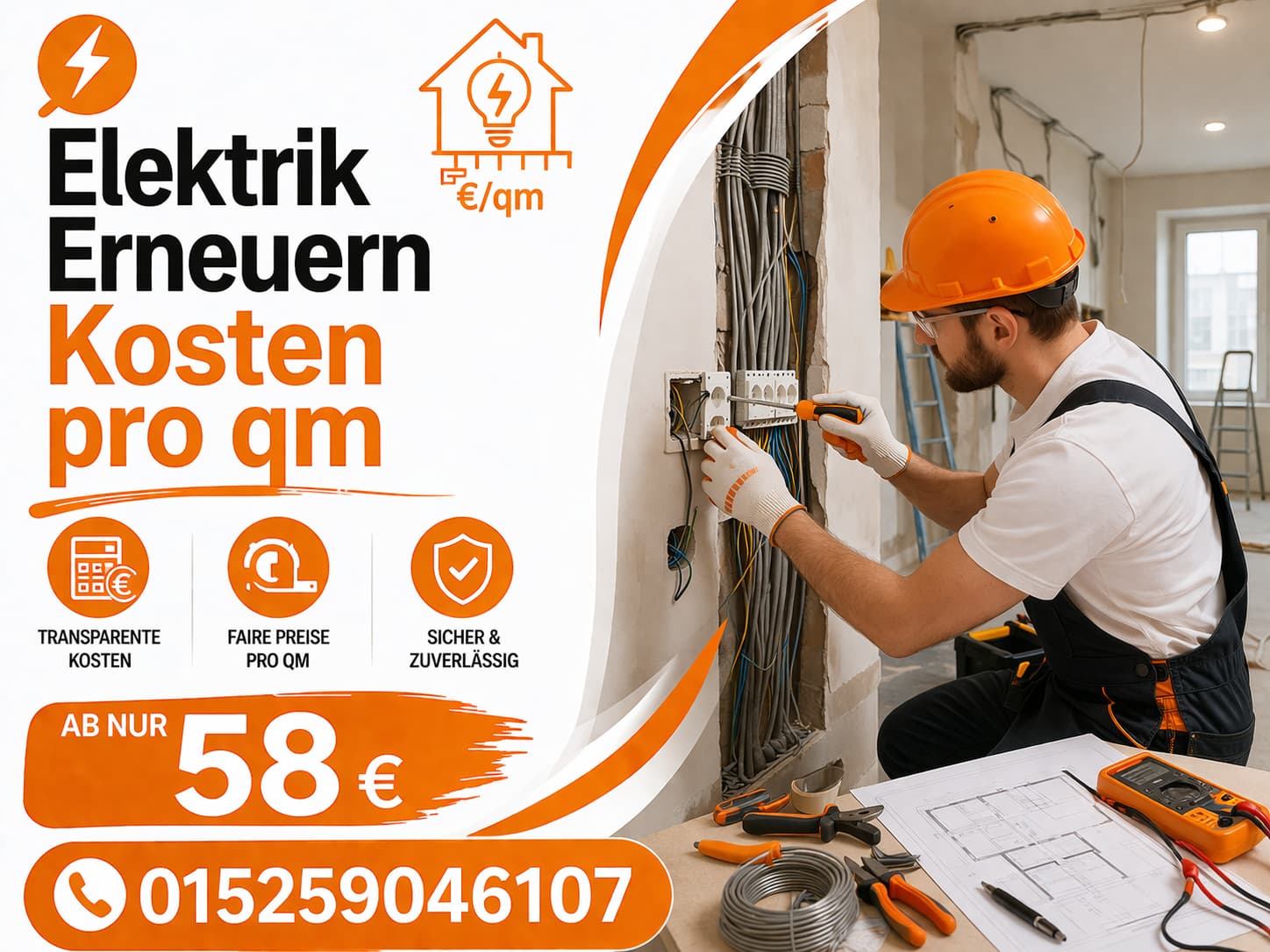Elektrik Erneuern Kosten pro qm ab 58€ | 24h Service