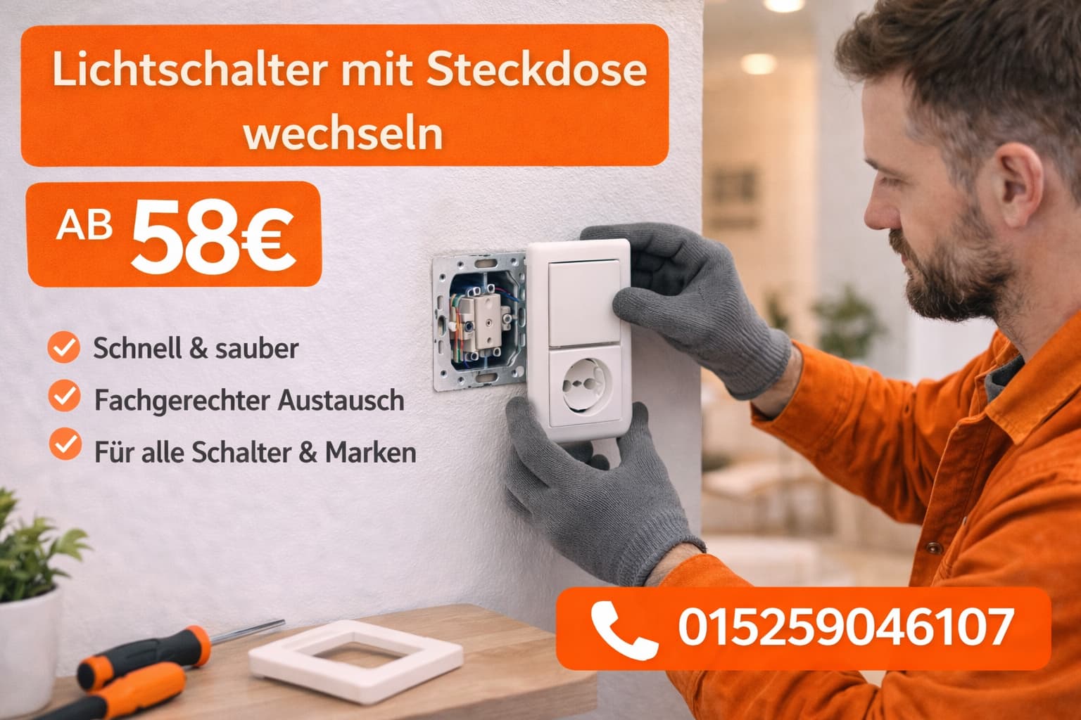 Lichtschalter mit steckdose wechseln ab 58€ | 24/7 Service