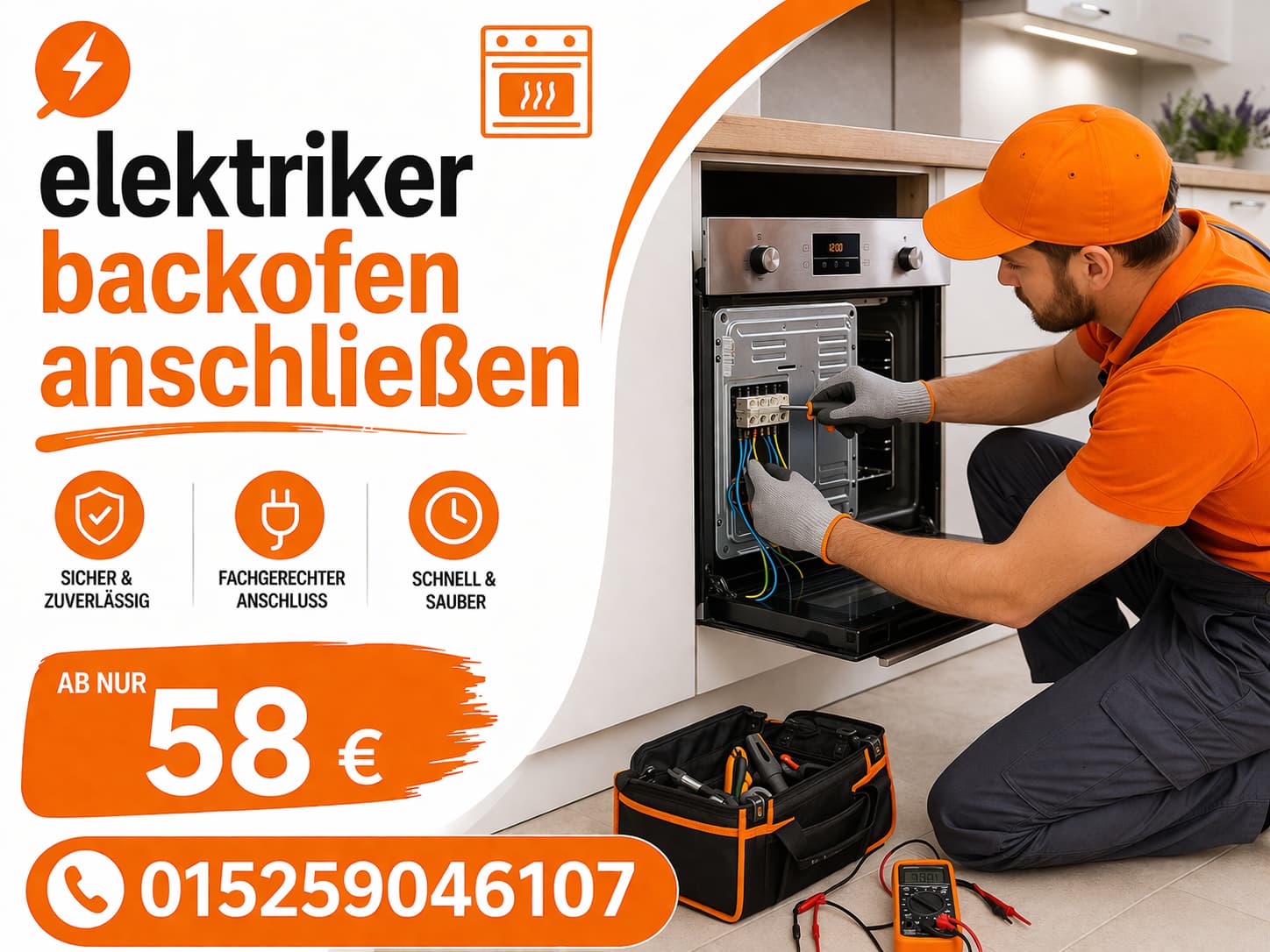 Elektriker backofen anschließen ab 58€ | 24h erreichbar