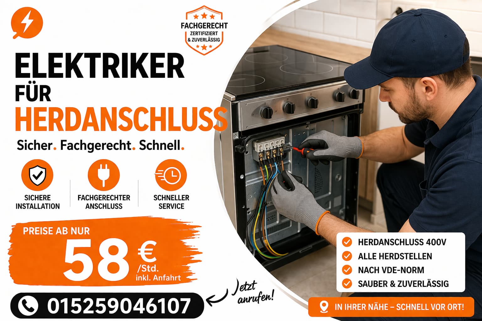 Elektriker für herdanschluss ab 58€ | 24h Service